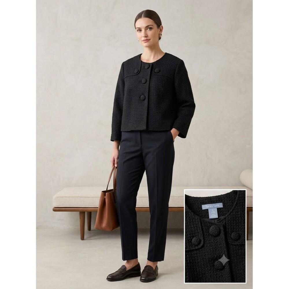 NWOT Tara Ryan Black Textured Cropped Jacket 3/4 Sleeve Button Front Size L